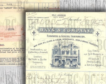 May include: A vintage invoice from Bays & Company, a furnishing and general ironmongers business. The invoice lists various items, including iron, oil, glass, and color merchants, as well as iron and brass founders. The invoice is dated 1913 and includes a drawing of the company's building.