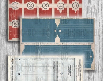 May include: A digital collection of vintage-style papers with a distressed aesthetic. The papers feature a red and blue color scheme, with numbered labels and text. The collection includes the text "Bohemian Crafting Digital collection".