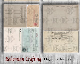 May include: A collection of vintage paper ephemera with a green, white, and brown color scheme. The papers feature various text and designs, including a form for insurance policy information, a form for a workshop of the Home for Destitute Blind, and a form for John A. Roebling's Sons Co. Wire Rope and Wire.