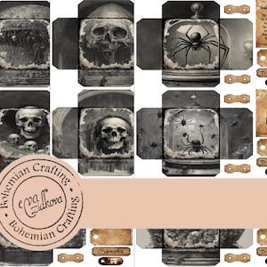 以下が含まれることがあります： ハロウィンをテーマにしたデジタルペーパーのセットで、頭蓋骨、クモ、不気味な引用文の画像が特徴です。これらのペーパーはクラフト用にデザインされており、「トリックオアトリート」と「ブー」のテキストが含まれています。