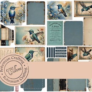 Puede incluir: Hoja de collage digital con ilustraciones de estilo vintage de colibríes, flores y texto. La hoja incluye imágenes de varios tamaños y formas, perfectas para scrapbooking, creación de tarjetas y otras manualidades de papel.