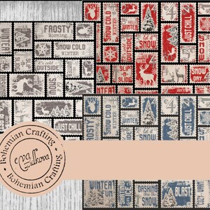 Peut inclure: Un collage numérique de timbres-poste de style vintage avec des illustrations et des textes sur le thème de l'hiver. Les timbres présentent des phrases comme "Snow Cold Winter", "Just Chill", "Dashing Through the Snow", et "Let it Snow". Les timbres sont disposés en un motif répétitif sur un fond noir.