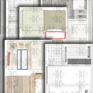 May include: A digital paper pack featuring vintage style designs. The pack includes a calendar, a gridded page, a page with a label, and a page with a list. The pages are in black and white with a distressed look.