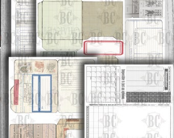 May include: A digital paper pack with vintage style designs. The pack includes a calendar, a gridded page, a page with a label, and a page with a list. The pages are in black and white with a distressed look.