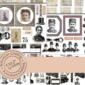 以下が含まれることがあります： ポートレート、ラベル、イラストが特徴のヴィンテージ風エフェメラのコラージュ。額入りのポートレート、数字、テキスト「Bohemian Crafting Eva Zidkova」が含まれています。配色は主にセピア色です。