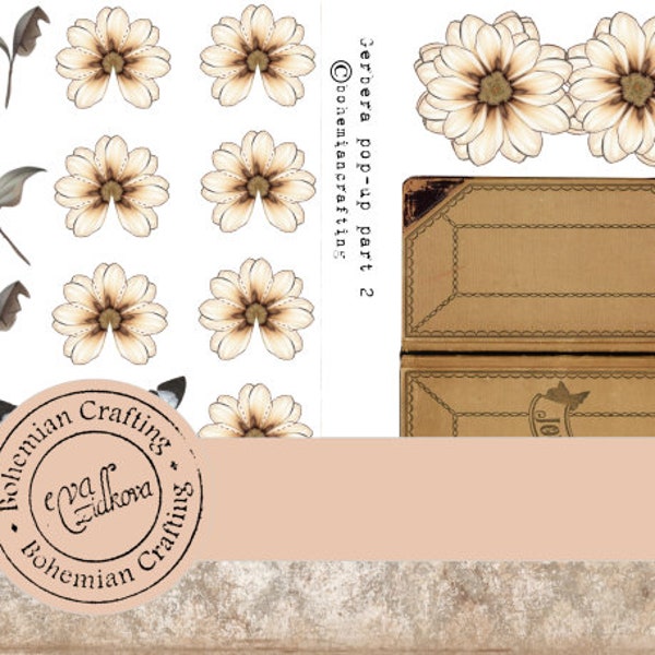 Gerbera mini journal POP UP, Digital design, Printable for journals, Diaries Pop-Up, Template, Pop Up, Wild,  Ink Saver, 3D,