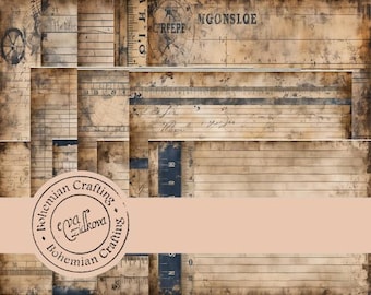May include: A digital collage sheet with a vintage aesthetic featuring various textures, patterns, and handwritten text. The sheet includes a ruler, a compass, and the words "Bohemian Crafting" in a circular design.