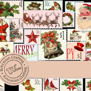 Christmas Post Stamps, Junk Journal, Christmas, Words, Labels, Vintage, Santa, Embellishment, Ephemera, Printable, Digital Download