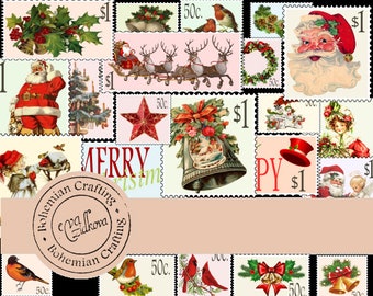 Christmas Post Stamps, Junk Journal, Christmas, Words, Labels, Vintage, Santa, Embellishment, Ephemera, Printable, Digital Download