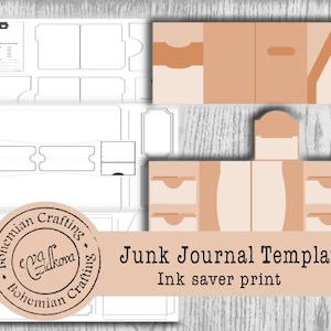 Pode incluir: Um modelo de diário de sucata imprimível com um fundo pêssego e linhas pretas. O modelo inclui vários bolsos e abas de diferentes tamanhos. O texto "Junk Journal Template" e "Impressão de economia de tinta" está impresso na parte inferior do modelo.