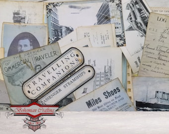 Könnte beinhalten: Eine Collage aus Vintage-Ephemera, darunter ein Zeitungsartikel über den American Commercial Traveler, ein Reiseposter mit dem Text "Travelling Companions Passenger Steamships" und eine Vintage-Werbung für "Miles Shoes".