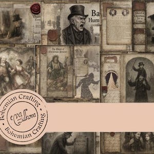 Könnte beinhalten: Eine Collage von Vintage-Illustrationen aus "A Christmas Carol" von Charles Dickens. Die Bilder zeigen Charaktere wie Scrooge, Geister und Szenen aus der Geschichte, mit einer Sepia-Tönung. Die Collage enthält den Text "Bohemian Crafting".