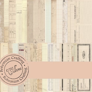 Op de afbeelding: Een verzameling vintage-stijl printbare papieren met verschillende raster- en lijnpatronen. De papieren zijn in beige en crème tinten met zwarte lijnen en tekst. De papieren zijn gelabeld met "General Ledger" en "Record of Inspections".