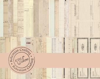 May include: A collection of vintage-style printable papers with various grid and line patterns. The papers are in shades of beige and cream with black lines and text. The papers are labeled "General Ledger" and "Record of Inspections".