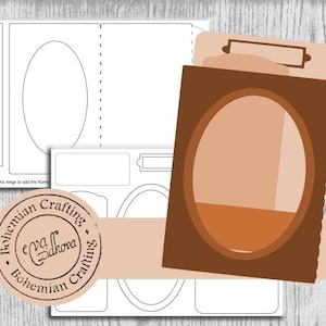 May include: Printable card template with a brown oval frame and a white background. The template includes a space for a photo, a message, and a decorative element. The text "Bohemian Crafting" is printed on the template.