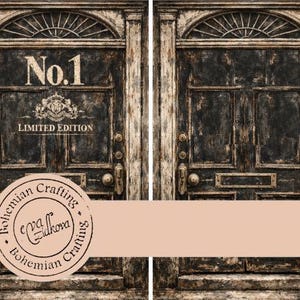 May include: Two distressed, dark wooden doors with intricate detailing. The left door displays "No.1" in white, with "LIMITED EDITION" beneath. A circular logo with text is at the bottom. The doors have brass fittings and a weathered appearance.