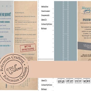 Puede incluir: Un diario de contraseñas de estilo vintage con una cubierta marrón claro. El diario incluye secciones para sitio web, nombre de usuario, contraseña y correo electrónico. El texto incluye "¿Olvidaste tu contraseña?" y "Contraseñas". Un sello dice "Bohemian Crafting".