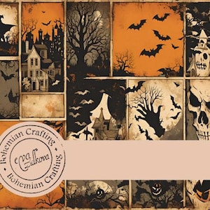 Pode incluir: Uma colagem digital de imagens vintage de Halloween, incluindo uma casa mal-assombrada, morcegos, uma caveira e uma lua cheia. A colagem é emoldurada com uma borda marrom e tem uma marca d'água que diz "Bohemian Crafting Eva Sidkova Bohemian Crafting".
