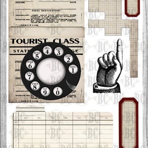 May include: Vintage style printable digital paper pack with a rotary phone dial, a hand pointing up, and a gridded form. The paper pack is perfect for scrapbooking, card making, and other paper crafts.