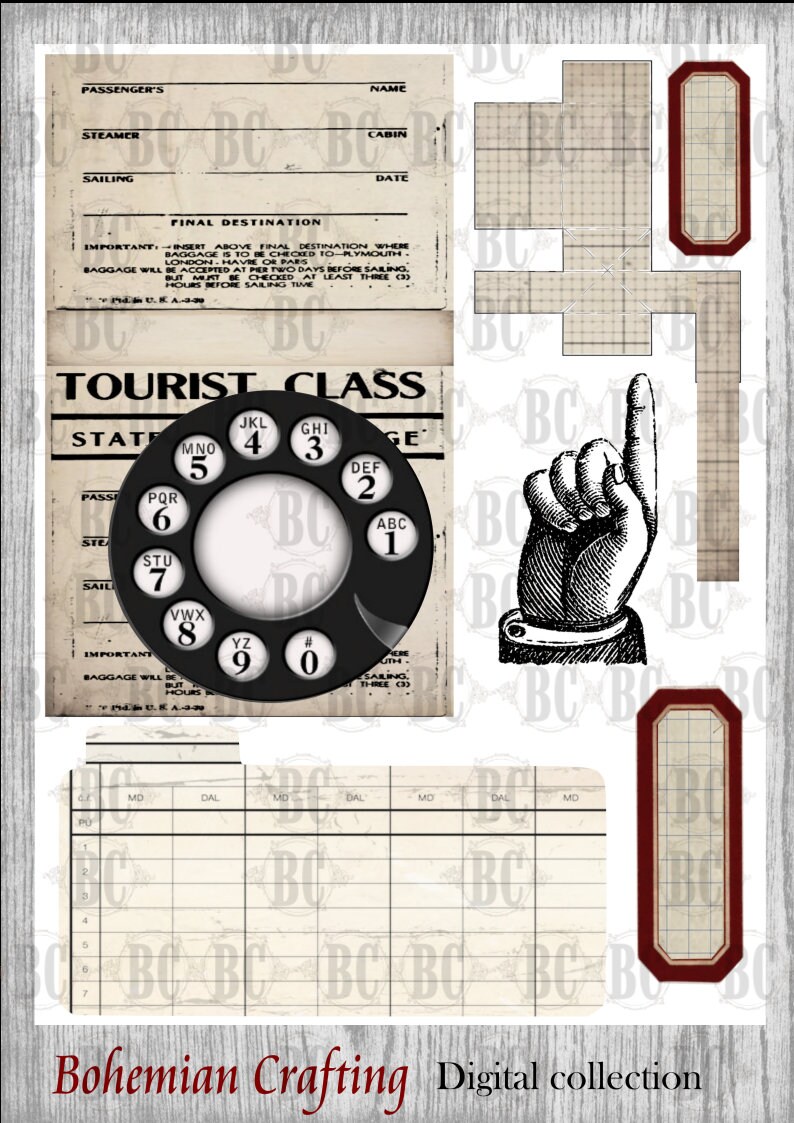 May include: Vintage style printable digital paper pack with a rotary phone dial, a hand pointing up, and a gridded form. The paper pack is perfect for scrapbooking, card making, and other paper crafts.