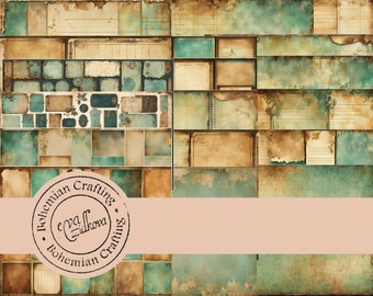 May include: A digital paper pack with a vintage aesthetic featuring a variety of textures and patterns in shades of brown, blue, and green. The pack includes a variety of shapes and sizes of frames, papers, and other elements. The pack is perfect for scrapbooking, card making, and other paper crafts.