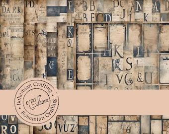 May include: A collage of vintage paper scraps with letters, words, and phrases in a distressed, aged style. The paper scraps are arranged in a random pattern and have a brown and black color scheme. The words "Bohemian Crafting" are printed in a circle on a white background.