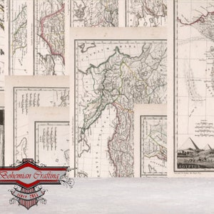 May include: A collage of antique maps featuring various regions of the world, including a detailed map of Egypt with the pyramids and the text "EGYPTUS PTHIO"