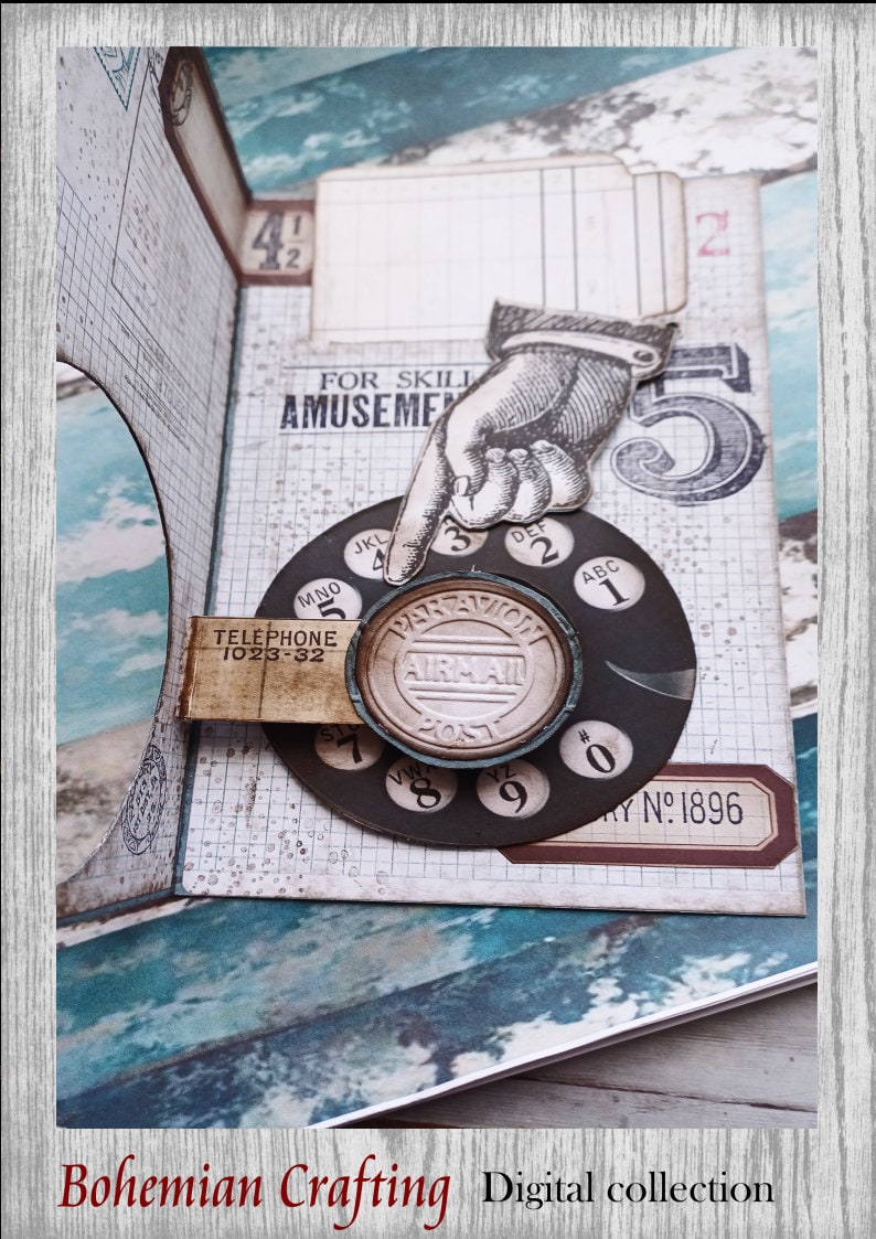 May include: A vintage-style rotary phone dial with a black and white design. The dial has numbers 0-9 and letters ABC, DEF, JKL, MNO, and VW. The dial is surrounded by a brown paper background with a grid pattern. The text "TELEPHONE 1023-32" and "AIRMAIL POST" are visible on the dial.