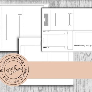 Op de afbeelding: Witte papieren sjablonen met stippellijnen en tekst, waaronder "deel A" en "versteviging voor deel B". Onderaan staat een cirkelvormig logo met de tekst "Bohemian Crafting" en "Eva Zidkova". De achtergrond is een lichte houtnerf.
