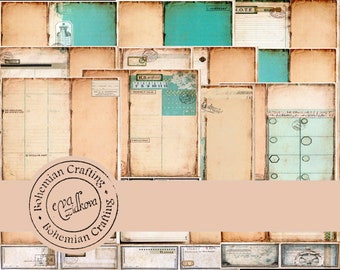 May include: A digital paper pack with a vintage aesthetic featuring a variety of textures and patterns in shades of blue, brown, and white. The pack includes various shapes, including circles, squares, and rectangles, with text and numbers. The pack is titled "Bohemian Crafting" with the name "Eva Zidkova" in a cursive font.