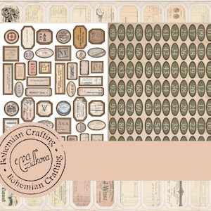 May include: A digital paper pack featuring vintage labels and a numbered chart. The labels come in a variety of designs, including oval, rectangular, and square shapes. The chart is a grid of 94 numbered circles.