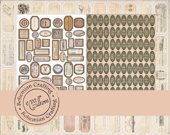 Könnte beinhalten: Ein digitales Papierpaket mit Vintage-Etiketten und einer nummerierten Tabelle. Die Etiketten haben verschiedene Designs, darunter ovale, rechteckige und quadratische Formen. Die Tabelle ist ein Raster mit 94 nummerierten Kreisen.