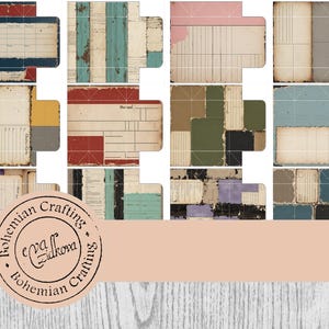 May include: A collection of vintage-style digital papers with torn edges and distressed textures. The papers feature various colors, including blue, red, and green, with lined and patterned designs. A circular logo with text is at the bottom.