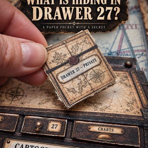 Könnte beinhalten: Eine quadratische Papiertasche mit antikem Kartendesign, Kompassrose und rotem Wachssiegel. Der Text lautet "DRAWER 27 - PRIVATE". Darüber steht auf einem Schild "WHAT IS HIDING IN DRAWER 27? A PAPER POCKET WITH A SECRET". Unten steht "CARTOGRAPHER'S OFFICE".