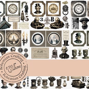 以下が含まれることがあります： ヴィンテージスタイルのイラストと装飾要素のコラージュ。額入りの肖像画、時計、建築シーン、アンティークアクセサリーが含まれています。カラーパレットは主にセピアとくすんだ色調で、円形のロゴには「Bohemian Crafting Eva Zidkova」と書かれています。