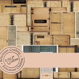Pode incluir: Uma colagem de texturas e designs de papel de estilo vintage, com um carimbo circular com o texto "Bohemian Crafting eva Zidkova Bohemian Crafting". A colagem inclui várias imagens de antigos diários, cadernos e documentos com texto escrito à mão e ilustrações.