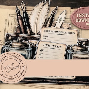 Puede incluir: Una ilustración digital de un organizador de escritorio vintage con dos tinteros de cristal, una pluma y estilográficas de metal. El set incluye tarjetas de papel etiquetadas CORRESPONDENCE NOTES y PEN TEST, con un sello rosa INSTANT DOWNLOAD.