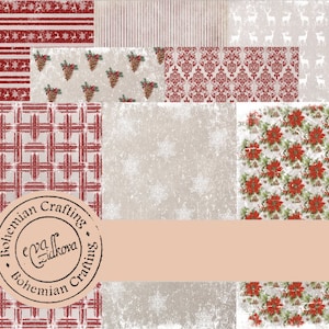 May include: A set of 10 digital paper patterns featuring a variety of Christmas themes, including red and white plaid, snowflakes, pine cones, reindeer, and poinsettias. The papers are designed with a vintage, distressed look.