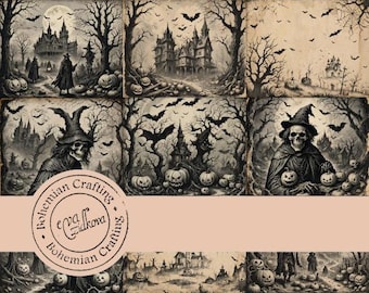 May include: A digital collage of spooky Halloween images. The collage features a haunted house, a skeletal figure, bats, and pumpkins. The text "Bohemian Crafting" is displayed in a circle with a stylized signature.