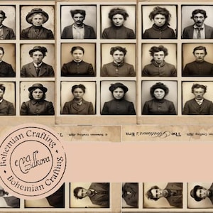 May include: A vintage-style print featuring a grid of sepia-toned portraits. The portraits are framed and arranged in rows. The print includes a circular stamp with text and the words "The Mortimer's Era".