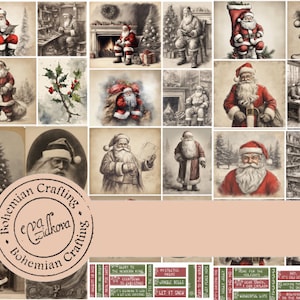 May include: A digital collage sheet featuring vintage illustrations of Santa Claus in various poses and settings. The sheet includes images of Santa delivering gifts, decorating a Christmas tree, and working in his workshop. The sheet also includes text elements such as "Merry and Bright", "Mistletoe Magic", "Jingle Bells", and "Let It Snow".
