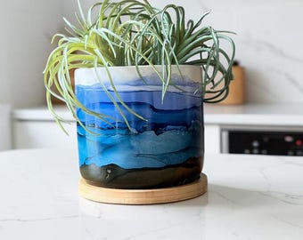 Maceta con tinta de alcohol azul, decoración moderna para el hogar de estilo costero, regalo para amantes de las plantas.