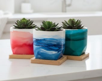 Mini macetas de cerámica para suculentas, maceta estilo boho con tinta de alcohol, maceta pequeña.