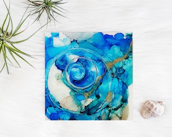 Pintura con tinta de alcohol: Arte abstracto azul, turquesa y dorado, sellado con resina (20,32 cm x 20,32 cm)