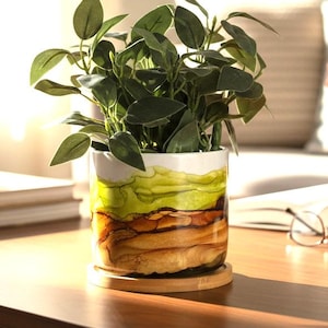 May include: A decorative ceramic planter with a colorful abstract design, holding a vibrant green plant. The planter sits on a wooden coaster on a wooden table. A book and glasses are nearby.