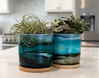 Macetas de cerámica azul intenso, macetas con tinta de alcohol, regalo para amantes de las plantas.