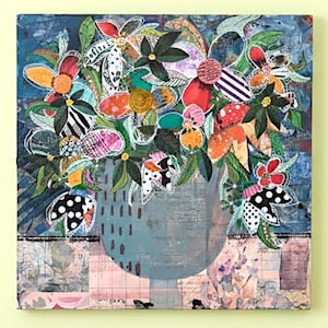 May include: A square mixed media canvas painting featuring a stylized vase filled with a vibrant bouquet of flowers. The artwork incorporates collage elements, including black and white patterns, polka dots, and stripes, set against a blue background.