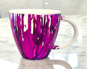 Taza de cerámica pintada a mano: Arte abstracto rosa y morado, 433 ml