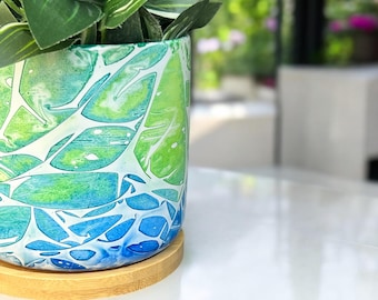 Maceta de cerámica con tinta de alcohol: Arte abstracto azul y verde, maceta de 10 cm