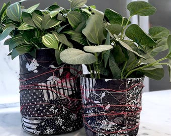 Cestas de tela maché de estilo bohemio negro, decoración única hecha a mano, jardineras o almacenamiento